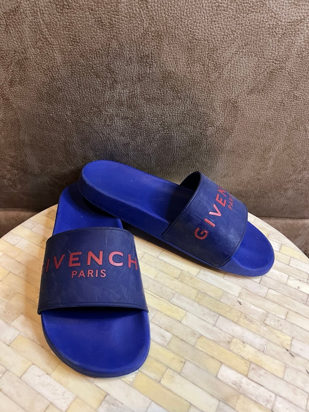 Givenchy Paris Logo Pool Slides in the Electric Blue and Red colorway